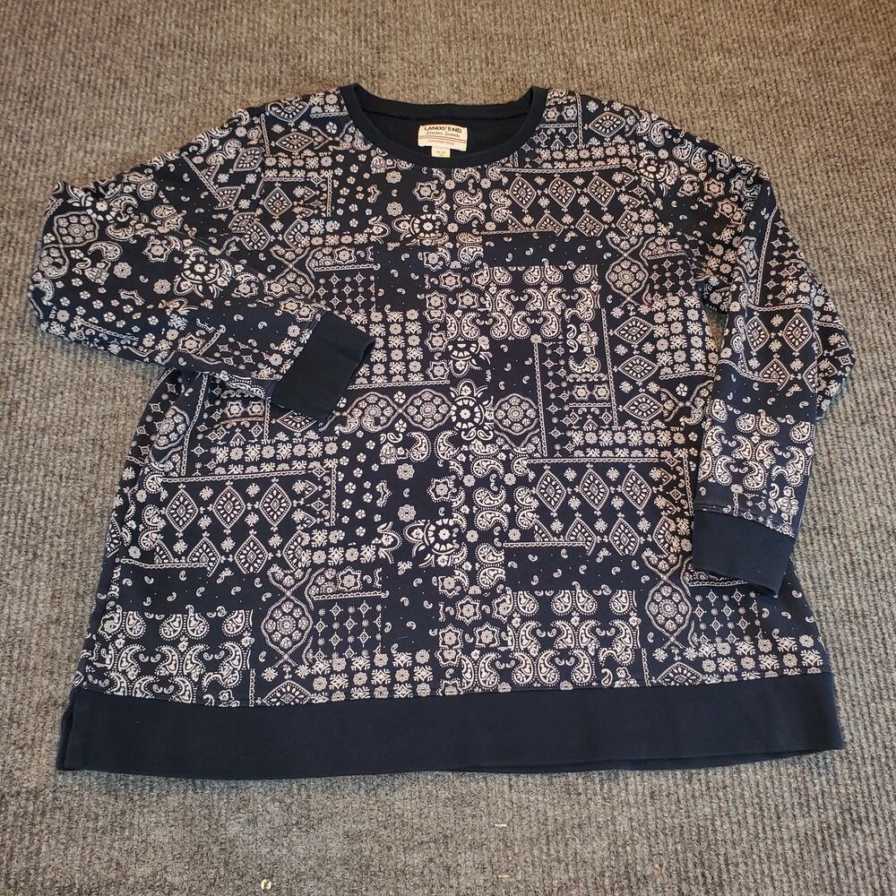 Lands End Womens XL/P Navy Bandana Paisley Sweatshirt Pullover Top